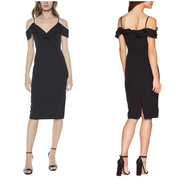 BARDOT Black Ruffle Cold Shoulder Midi Dress - Picture 1 of 4